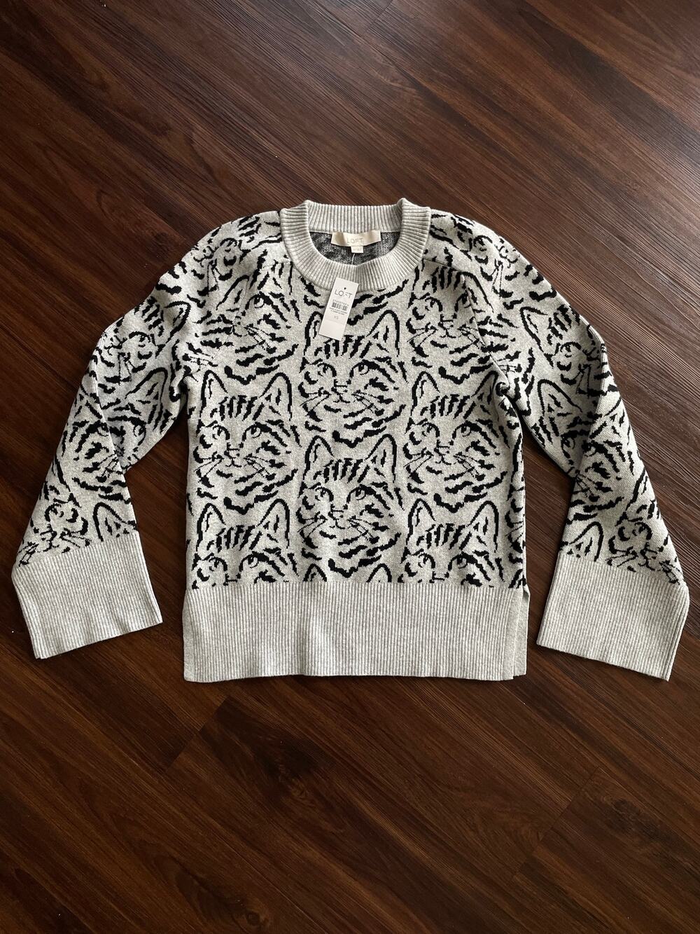 NEW Loft Gray Black Cat Pattern Knit Jacquard Crewneck Sweater XS Cotton Blend